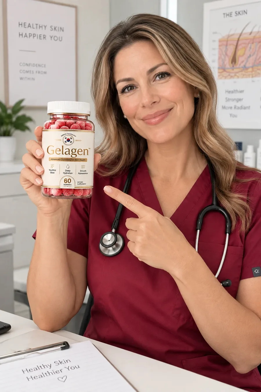 Doctor holding a bottle of Gelagen gummies in a clinic
