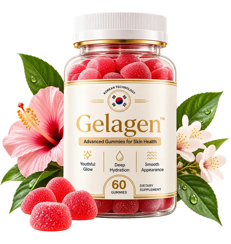 Bottle of Gelagen advanced gummies for skin, hair and nails with raspberry gummies and flowers